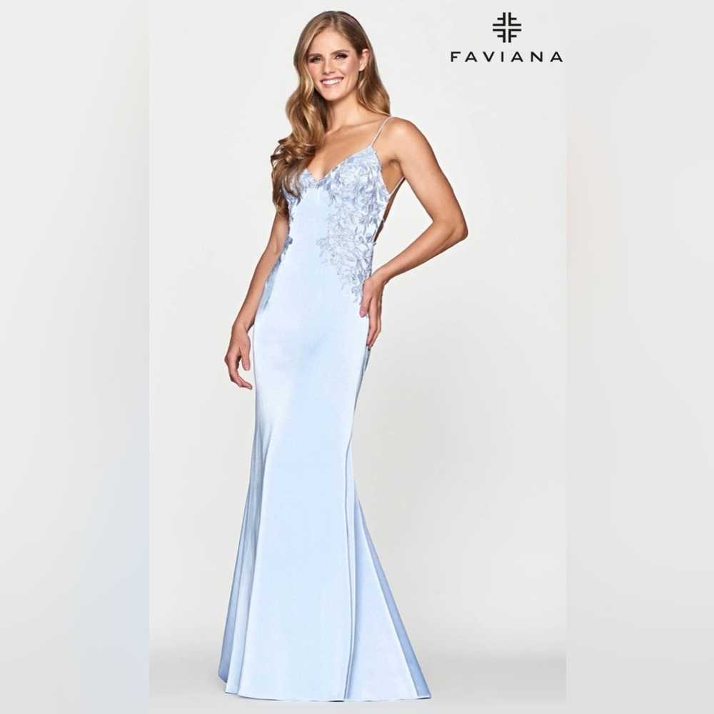Faviana Lace Applique V Neck Prom Dress With Lace Up Back